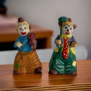 2 JSNY Clown Figurine Bells Colorful Juggling Tiny mandolin Taiwan 4.5" Tall